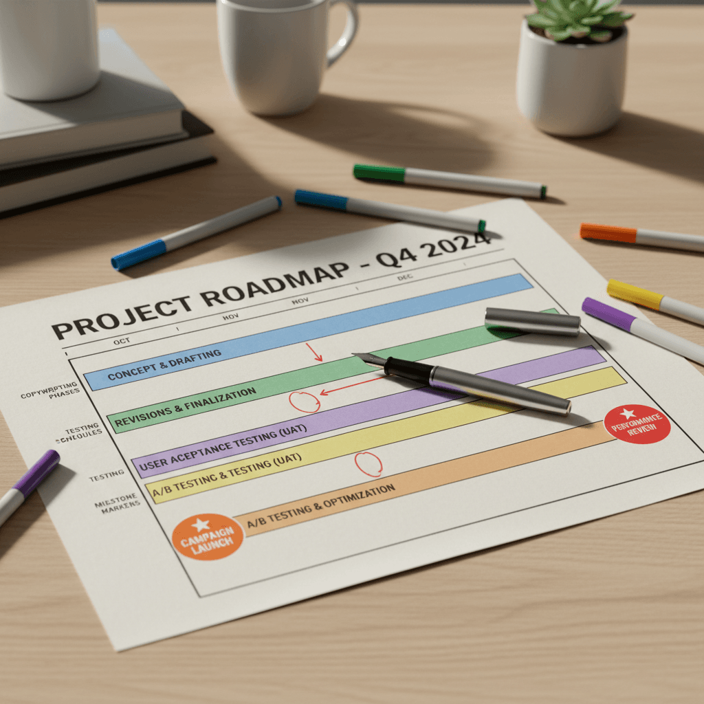 Project timeline and roadmap for copy optimization phases and testing