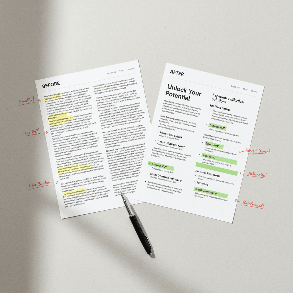 Before and after website copy comparison showing optimization improvements