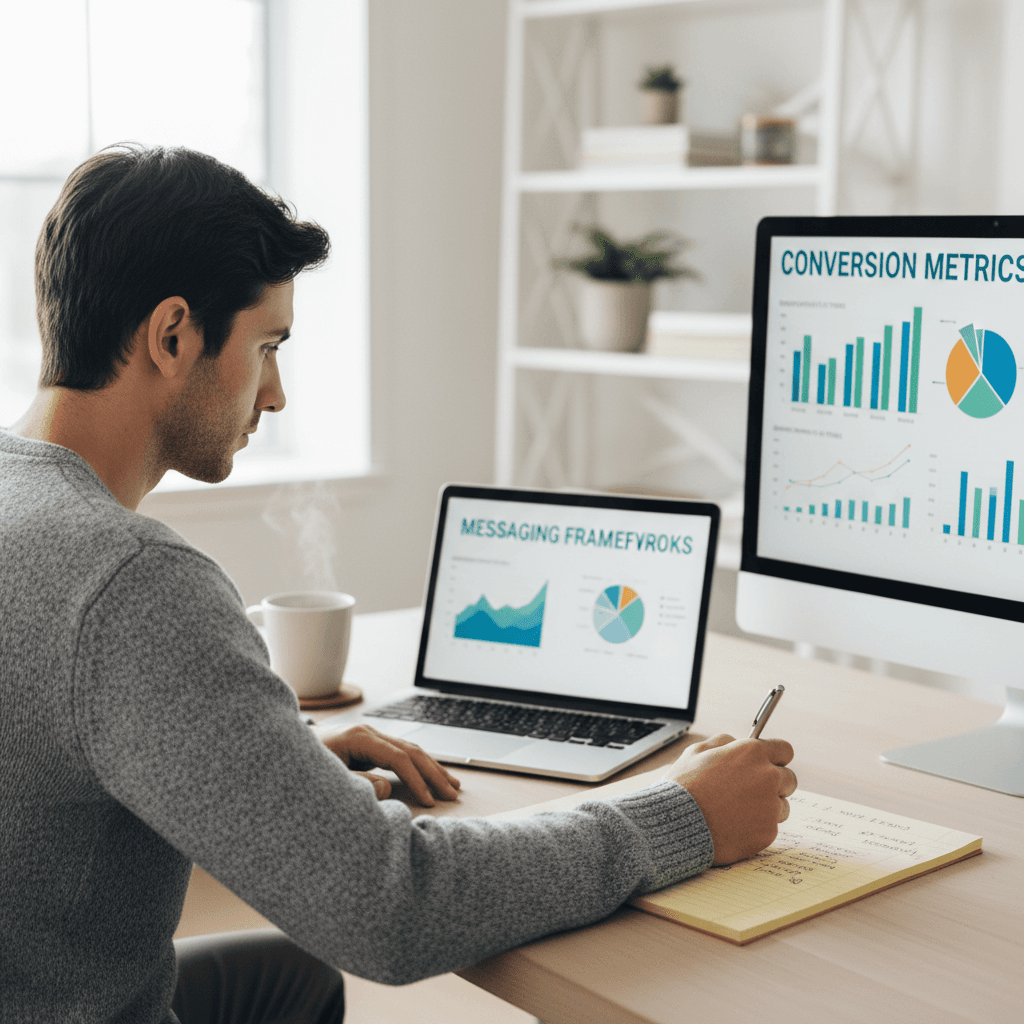 Strategist analyzing conversion data and messaging gaps
