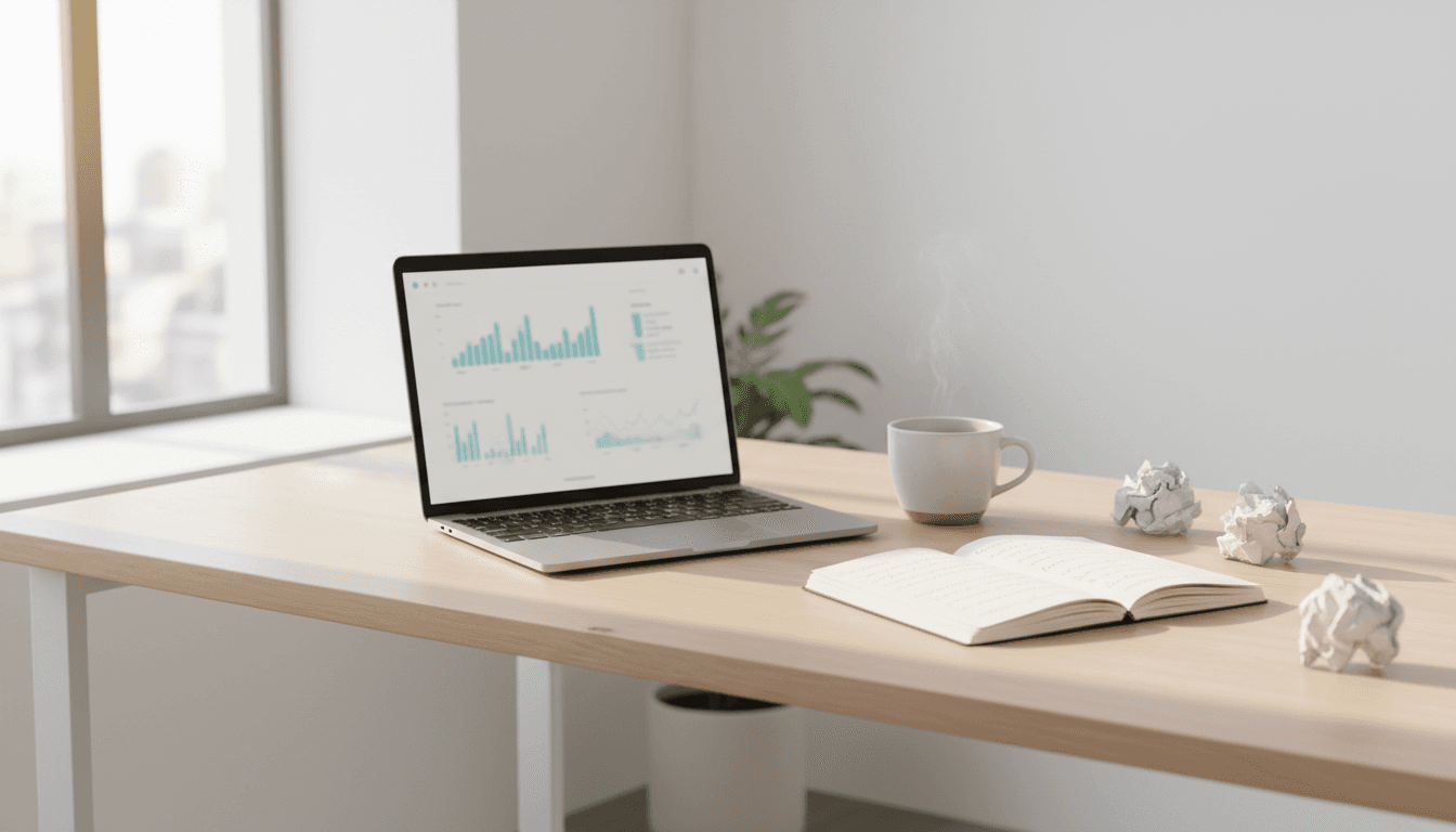 Minimalist workspace with laptop and copywriting notes in natural light