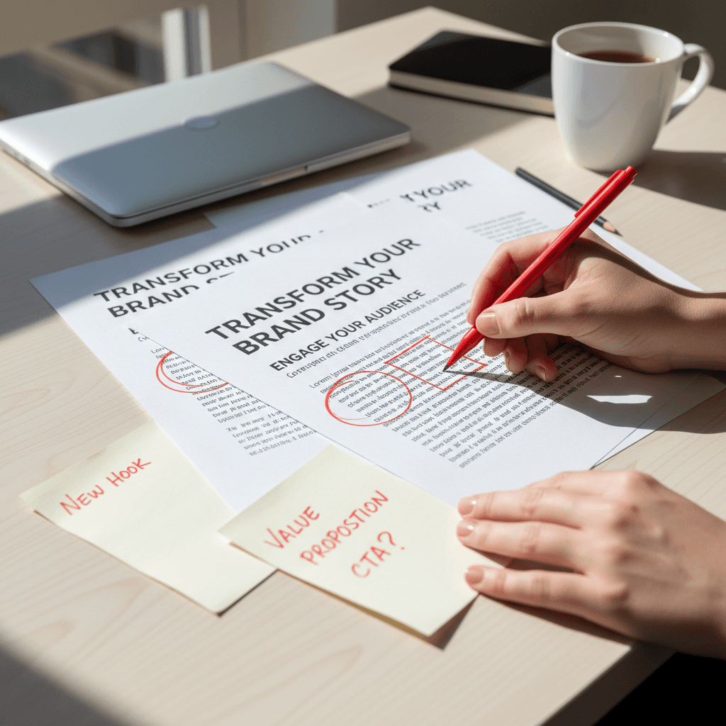 Copywriter reviewing and marking up website messaging for audit